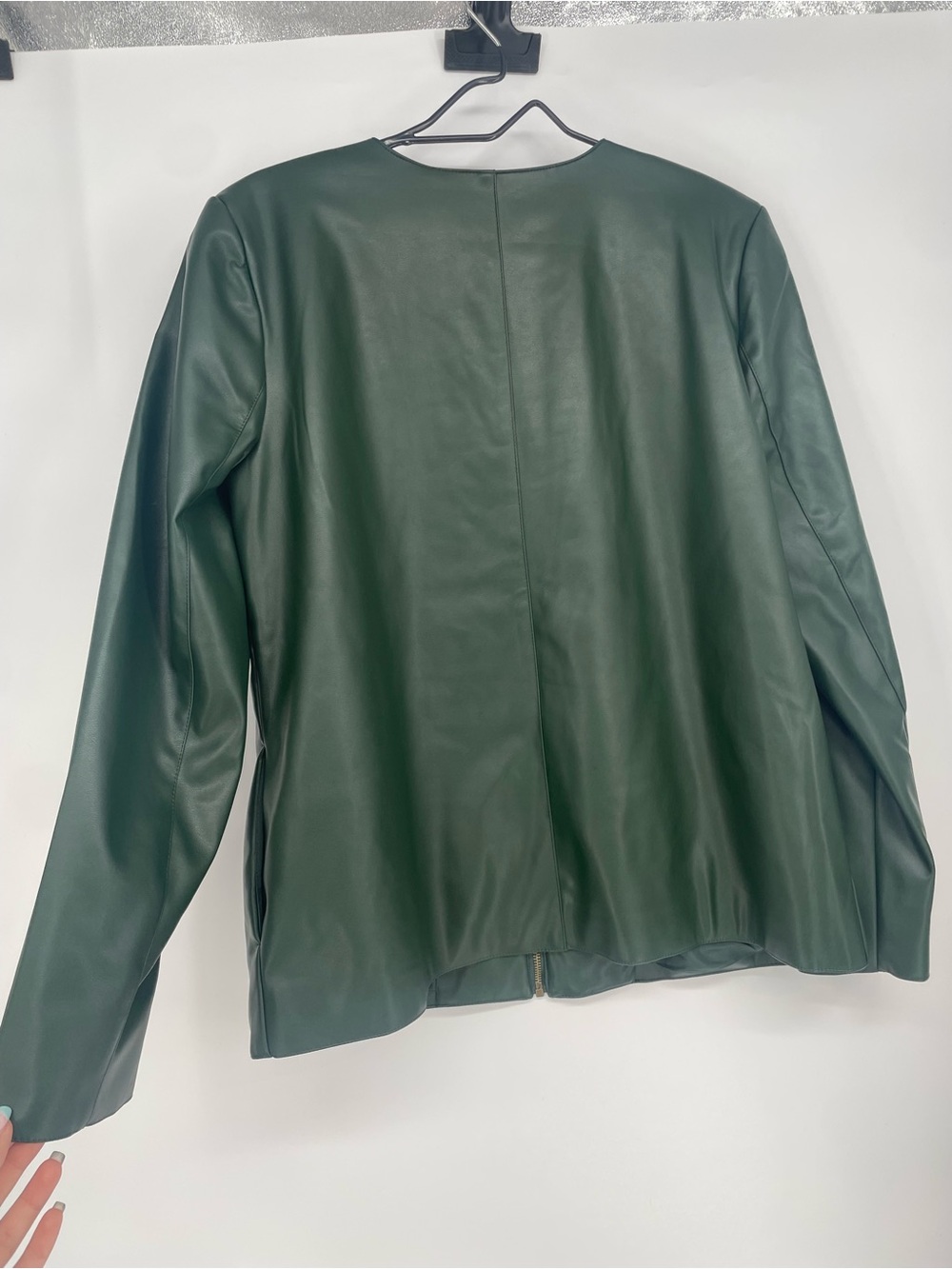 Susan Graver Dark Green Perforated Design Faux Leather Bomber Jacket Zip Front - Picture 5 of 7